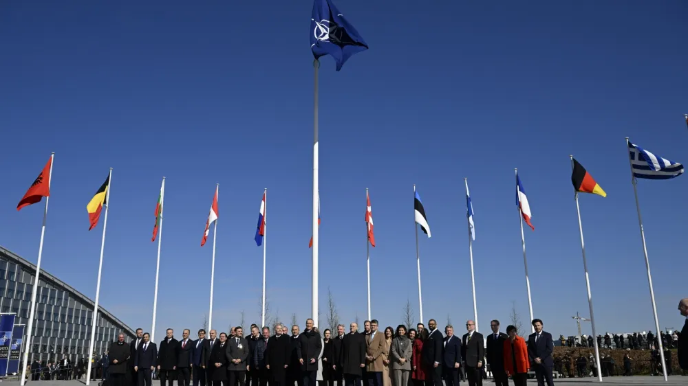 04 April 2023, Belgium, Brussels: Nato members pose for a group photo during a flag-raising ceremony after Finland's accession to NATO, at the NATO headquarters in Brussels. Finland became on Tuesday the 31st member state of The North Atlantic Treaty Organization (NATO). Photo: Emmi Korhonen/Lehtikuva/dpa