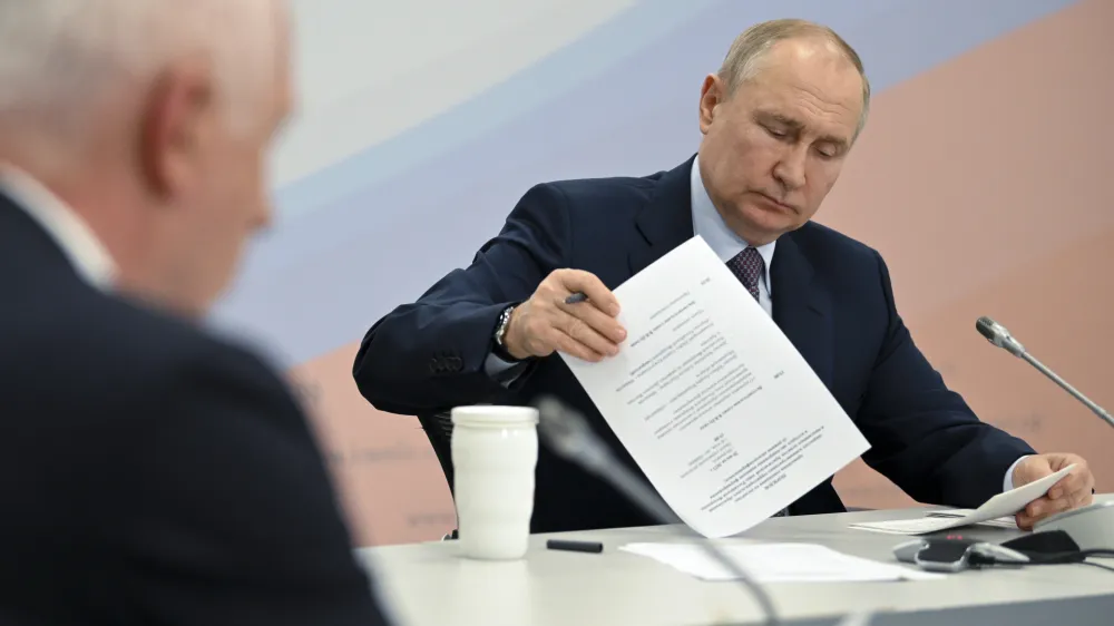 Russian President Vladimir Putin chairs a meeting on the development of restricted administrative areas and settlements in the Arctic zone, where military formations are deployed, in Severomorsk, Murmansk region, Russia, Thursday, July 20, 2023. (Ramil Sitdikov, Sputnik, Kremlin Pool Photo via AP)