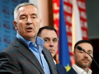 Milo Djukanovic, President of Montenegro and a candidate from the Democratic Party of Socialists, speaks at his party's headquarters, on the day of the presidential election run-off, in Podgorica, Montenegro, April 2, 2023. REUTERS/Stevo Vasiljevic