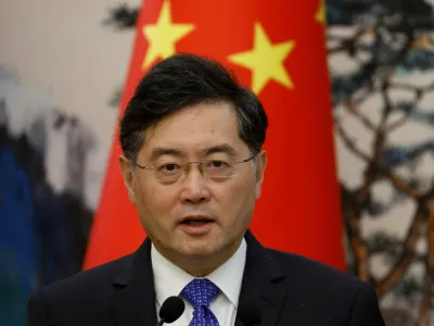 FILE PHOTO: Chinese Foreign Minister Qin Gang attends a press conference after talks with his Dutch counterpart Wopke Hoekstra in Beijing, China, May 23, 2023. REUTERS/Thomas Peter/Pool/File Photo