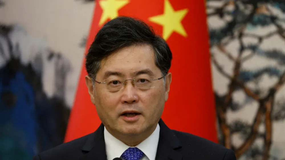 FILE PHOTO: Chinese Foreign Minister Qin Gang attends a press conference after talks with his Dutch counterpart Wopke Hoekstra in Beijing, China, May 23, 2023. REUTERS/Thomas Peter/Pool/File Photo