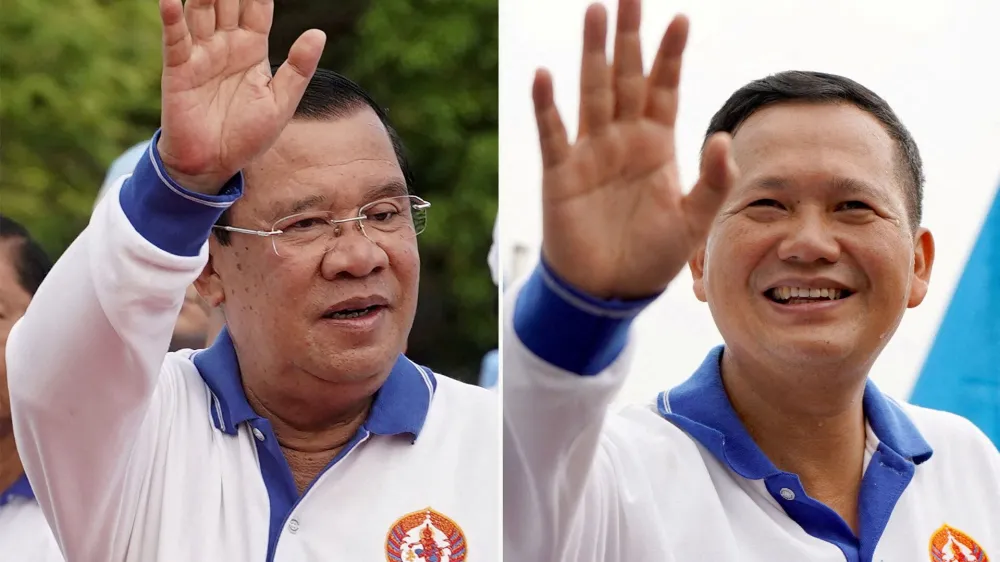 FILE PHOTO: This combination photo shows Cambodia's Prime Minister Hun Sen and his son Hun Manet during election campaign rallies in Phnom Penh, Cambodia, July 1, 2023 and July 21, 2023 respectively. REUTERS/Cindy Liu/File Photo/File Photo