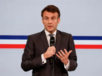 French President Emmanuel Macron delivers a speech during a plenary meeting of the Forum for the Islam of France (FORIF) at the Elysee Presidential Palace, in Paris, February 16, 2023. Ludovic Marin/Pool via REUTERS