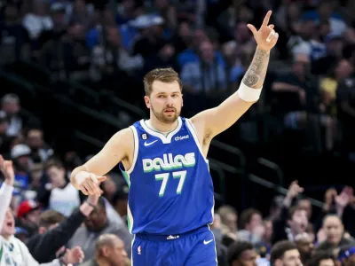 Mar 2, 2023; Dallas, Texas, USA; Dallas Mavericks guard Luka Doncic (77) reacts during the second half against the Philadelphia 76ers at American Airlines Center. Mandatory Credit: Kevin Jairaj-USA TODAY Sports