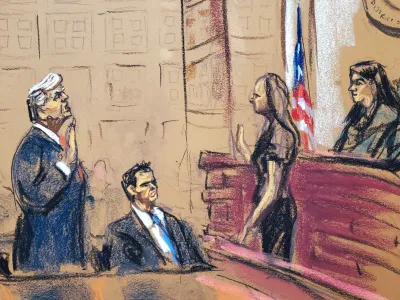 Former U.S. President Donald Trump stands next to his attorney John Lauro as he takes an oath before Magistrate Judge Moxila A. Upadhyaya during his plea hearing on charges that he orchestrated a plot to try to overturn his 2020 election loss, at federal court in Washington, U.S. August 3, 2023 in a courtroom sketch. REUTERS/Jane Rosenberg