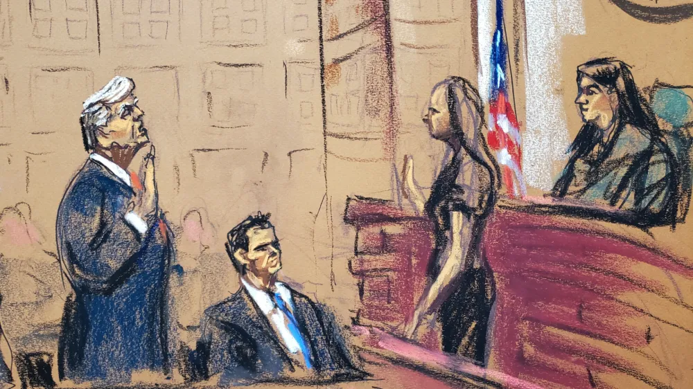Former U.S. President Donald Trump stands next to his attorney John Lauro as he takes an oath before Magistrate Judge Moxila A. Upadhyaya during his plea hearing on charges that he orchestrated a plot to try to overturn his 2020 election loss, at federal court in Washington, U.S. August 3, 2023 in a courtroom sketch. REUTERS/Jane Rosenberg