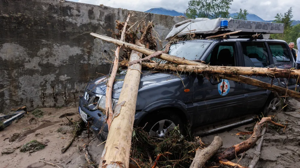 06 August 2023, Slovenia, Kamnik: A vehicle of the mountain rescue service is destroyed after the flood. Photo: Luka Dakskobler/SOPA Images via ZUMA Press Wire/dpa