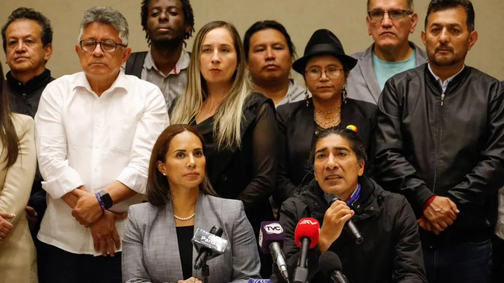 Presidential candidate Yaku Perez speaks during a press conference next to vice-president candidate Nory Pinela following the killing of Ecuadorean presidential candidate Fernando Villavicencio, a vocal critic of corruption and organized crime who was killed during a campaign event, in Quito, Ecuador, August 10, 2023. REUTERS/Karen Toro