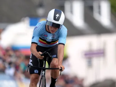 Cycling - UCI World Championships 2023 - Stirling, Scotland, Britain - August 11, 2023 Belgium's Remco Evenepoel crosses the finish line during the Men's Elite Road Individual Time Trial REUTERS/Maja Smiejkowska