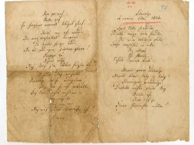France Prešeren, »Zdravica ob novini leta 1844«, rokopis prvotne različice »Zdravljice« (še v bohoričici), ki jo je Prešeren namenil objavi v Novicah, a jo je lokalni cenzor Jurij Šporer prepovedal. (hrani NUK)