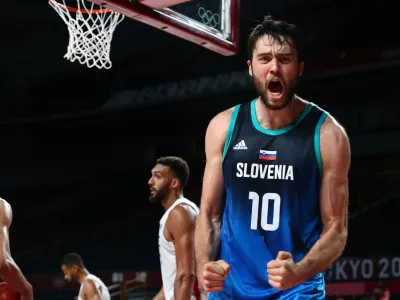 ﻿Tokyo 2020 Olympics - Basketball - Men - Semifinal - France v Slovenia - Saitama Super Arena, Saitama, Japan - August 5, 2021. Mike Tobey of Slovenia reacts REUTERS/Sergio Perez