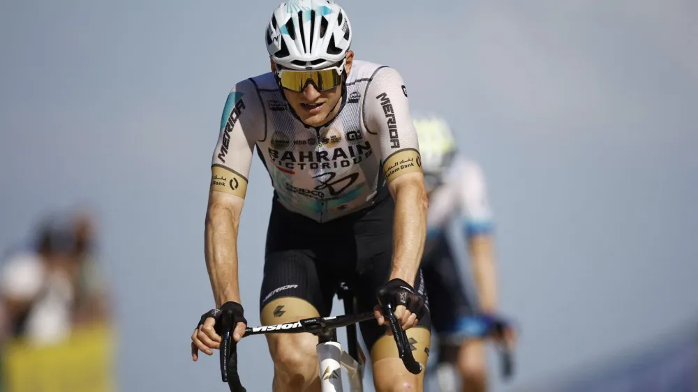 Cycling - Tour de France - Stage 9 - Saint-Leonard-De-Noblat to Puy De Dome - France - July 9, 2023 Team Bahrain Victorious' Matej Mohoric crosses the finish line after stage 9 REUTERS/Stephane Mahe