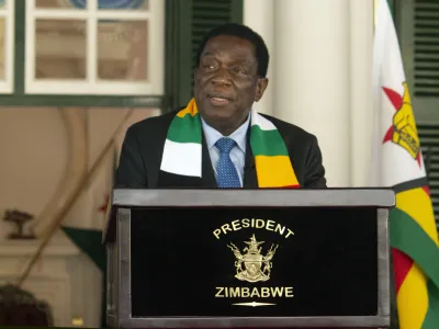 Zimbabwean President Emmerson Mnangagwa addresses a press conference at State House in Harare, Sunday, Aug. 27 2023. Authorities in Zimbabwe say President Emmerson Mnangagwa has been re-elected for a second and final term. The Zimbabwe Election Commission announced late Saturday that Mnangagwa won 52.6% of the votes in the midweek election. (AP Photo/Tsvangirayi Mukwazhi)