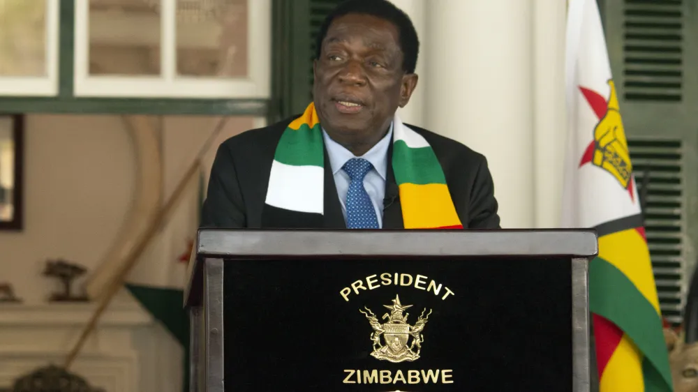 Zimbabwean President Emmerson Mnangagwa addresses a press conference at State House in Harare, Sunday, Aug. 27 2023. Authorities in Zimbabwe say President Emmerson Mnangagwa has been re-elected for a second and final term. The Zimbabwe Election Commission announced late Saturday that Mnangagwa won 52.6% of the votes in the midweek election. (AP Photo/Tsvangirayi Mukwazhi)