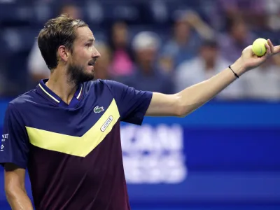 Daniil Medvedev, of Russia, reacts as he plays Sebastian Baez, of Argentina, during the third round of the U.S. Open tennis championships, Sunday, Sept. 3, 2023, in New York. (AP Photo/Eduardo Munoz Alvarez)