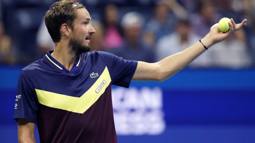 Daniil Medvedev, of Russia, reacts as he plays Sebastian Baez, of Argentina, during the third round of the U.S. Open tennis championships, Sunday, Sept. 3, 2023, in New York. (AP Photo/Eduardo Munoz Alvarez)