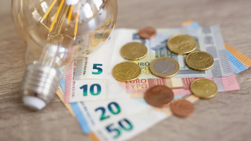 expensive energy bill and rise in electricity prices concept - light bulb with Euro banknotes and coins