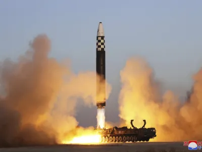 FILE - This photo provided by the North Korean government shows what it says is an intercontinental ballistic missile in a launching drill at the Sunan international airport in Pyongyang, North Korea on March 16, 2023. Independent journalists were not given access to cover the event depicted in this image distributed by the North Korean government. The content of this image is as provided and cannot be independently verified. Korean language watermark on image as provided by source reads: "KCNA" which is the abbreviation for Korean Central News Agency. (Korean Central News Agency/Korea News Service via AP, File)