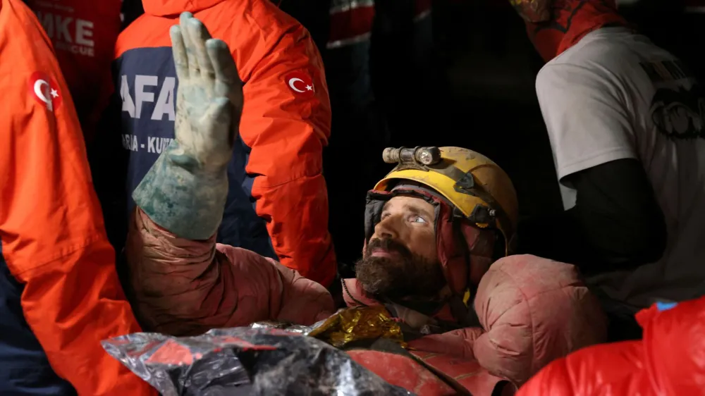 U.S. caver Mark Dickey, on a stretcher, is carried out of the Morca cave as his rescue operation comes to a successful end near Anamur in Mersin province, southern Turkey September 12, 2023. REUTERS/Umit Bektas