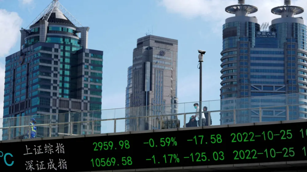 FILE PHOTO: An electronic board shows Shanghai and Shenzhen stock indexes, at the Lujiazui financial district in Shanghai, China October 25, 2022. REUTERS/Aly Song/File Photo/File Photo