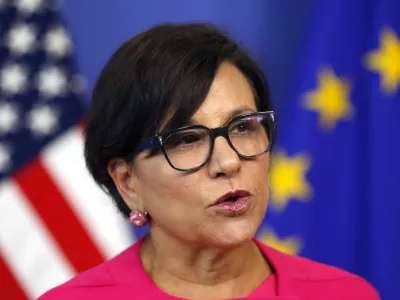 FILE - Then-U.S. Secretary of Commerce Penny Pritzker speaks during a news conference in the Commission Berlaymont building in Brussels, Belgium on July 12, 2016. The Biden administration has tapped former Commerce Secretary and major Democratic donor Penny Pritzker to coordinate U.S. efforts to channel private sector reconstruction assistance to Ukraine. (AP Photo/Darko Vojinovic, File)