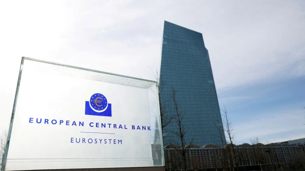 FILE PHOTO: A view shows the logo of the European Central Bank (ECB) outside its headquarters in Frankfurt, Germany March 16, 2023. REUTERS/Heiko Becker//File Photo