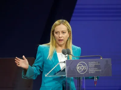 FILE PHOTO: Italian Prime Minister Giorgia Meloni speaks during the Budapest Demographic Summit in Budapest, Hungary, September 14, 2023. REUTERS/Bernadett Szabo/File Photo