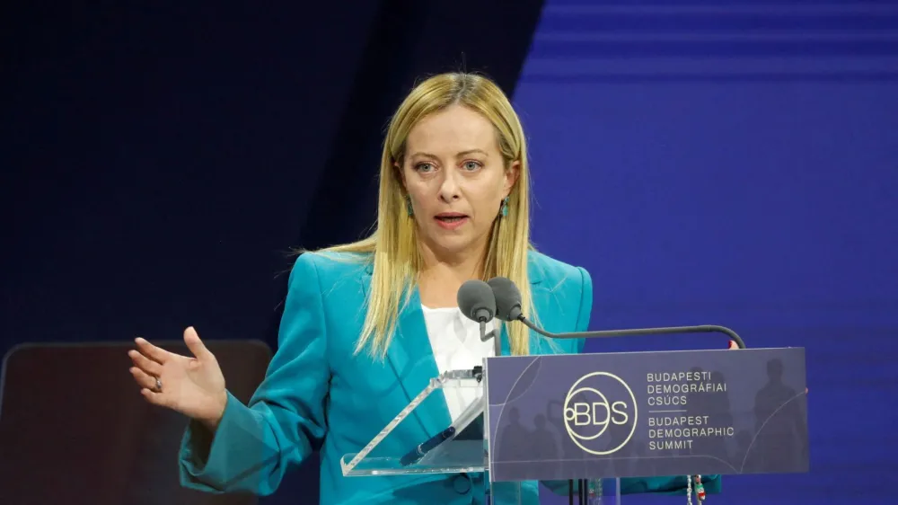 FILE PHOTO: Italian Prime Minister Giorgia Meloni speaks during the Budapest Demographic Summit in Budapest, Hungary, September 14, 2023. REUTERS/Bernadett Szabo/File Photo