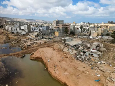 An aerial view shows destroyed buildings and houses in the aftermath of a deadly storm and flooding that hit Libya, in Derna, Libya September 20, 2023. REUTERS/Zohra Bensemra