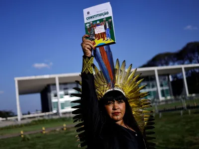 Indigenous Congresswoman Celia Xakriaba poses for a photo after a majority in Brazil's Supreme Court voted against the constitutionality of laws to limit the ability of Indigenous people to win protected status for ancestral lands, in Brasilia, Brazil September 21, 2023. REUTERS/Ueslei Marcelino   TPX IMAGES OF THE DAY