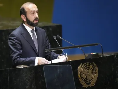 Armenia's Foreign Minister Ararat Mirzoyan addresses the 78th session of the United Nations General Assembly, Saturday, Sept. 23, 2023, at United Nations headquarters. (AP Photo/Mary Altaffer)