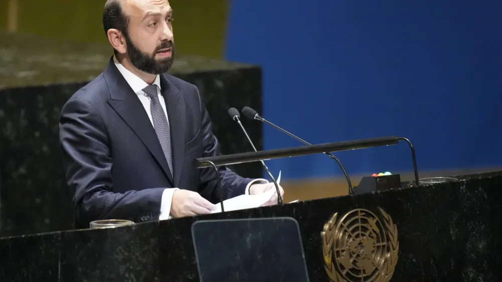 Armenia's Foreign Minister Ararat Mirzoyan addresses the 78th session of the United Nations General Assembly, Saturday, Sept. 23, 2023, at United Nations headquarters. (AP Photo/Mary Altaffer)