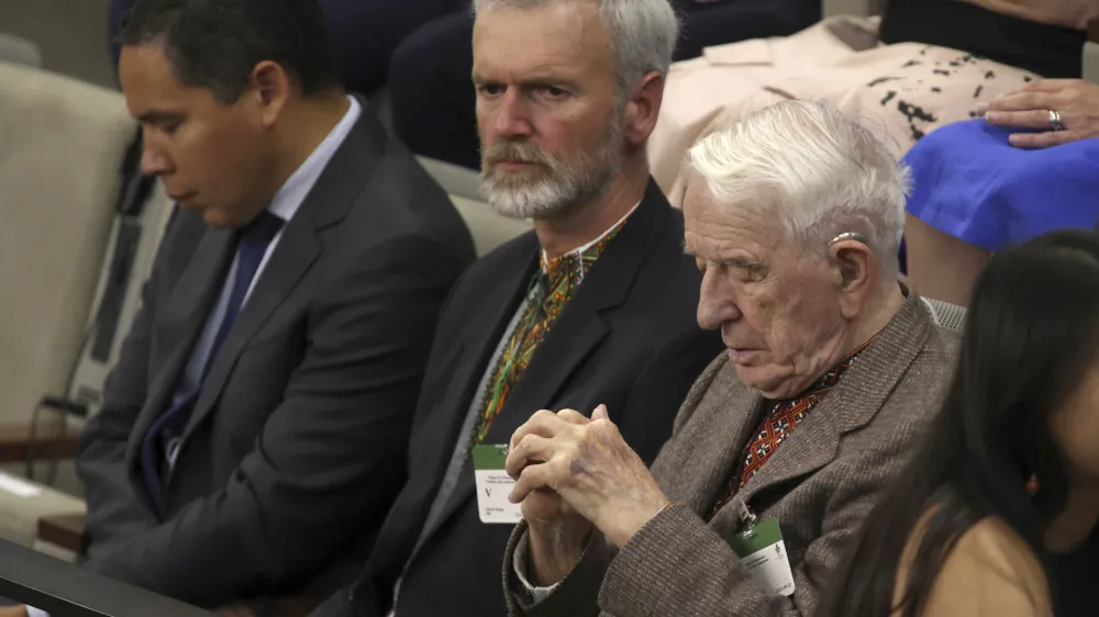 Yaroslav Hunka, right, waits for the arrival of Ukrainian President Volodymyr Zelenskyy in the House of Commons in Ottawa, Onatario on Friday, Sept. 22, 2023. The speaker of Canada's House of Commons apologized Sunday, Sept. 24, for recognizing Hunka, who fought for a Nazi military unit during World War II. Just after Zelenskyy delivered an address in the House of Commons on Friday, Canadian lawmakers gave the 98-year-old a standing ovation when Speaker Anthony Rota drew attention to him. (Patrick Doyle/The Canadian Press via AP)