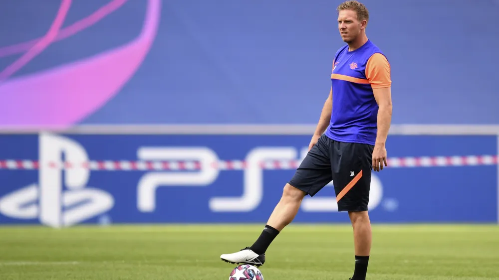 ﻿Leipzig's head coach Julian Nagelsmann directs a training session at the Luz stadium in Lisbon, Monday Aug. 17, 2020. Leipzig will play PSG in a Champions League semifinals soccer match on Tuesday. (David Ramos/Pool via AP)