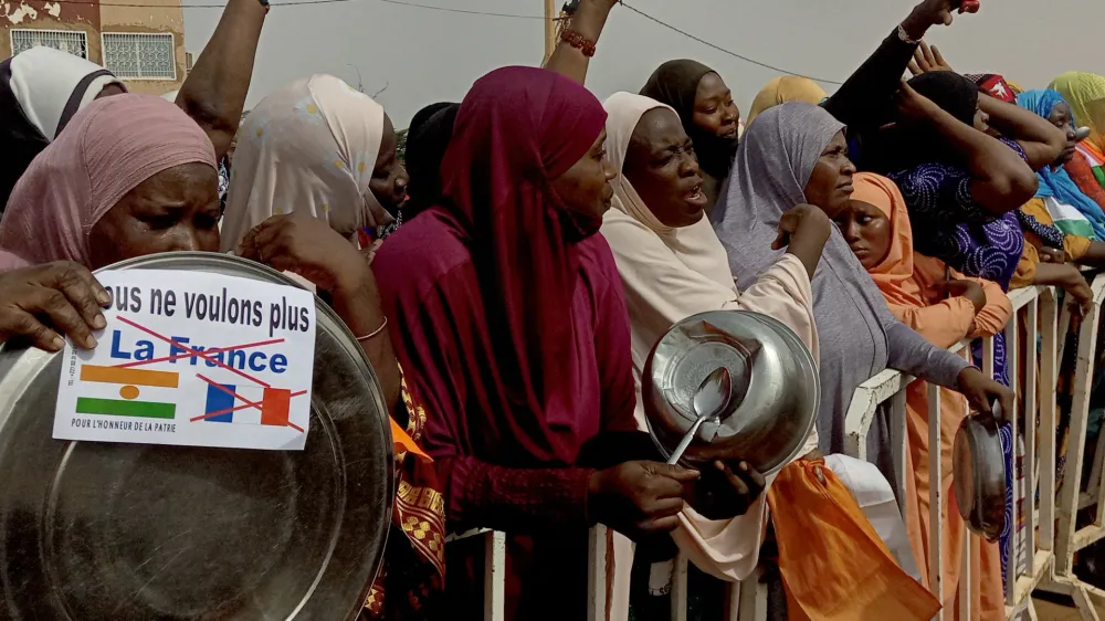 NIAMEY, NIGER - AUGUST 30: Women supporters of military administration in Niger demonstrate at a French military air base demanding French soldiers to leave the country in Niamey, Niger on August 30, 2023. Balima Boureima / Anadolu AgencyNo Use USA No use UK No use Canada No use France No use Japan No use Italy No use Australia No use Spain No use Belgium No use Korea No use South Africa No use Hong Kong No use New Zealand No use Turkey