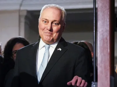 House Majority Leader Steve Scalise (R-LA) is pursued by reporters after he won a majority of votes in the House Republican caucus to become their nominee for next Speaker of the House during a Republican meeting held behind closed doors in the Longworth House office building on Capitol Hill in Washington, U.S., October 11, 2023. REUTERS/Kevin Lamarque