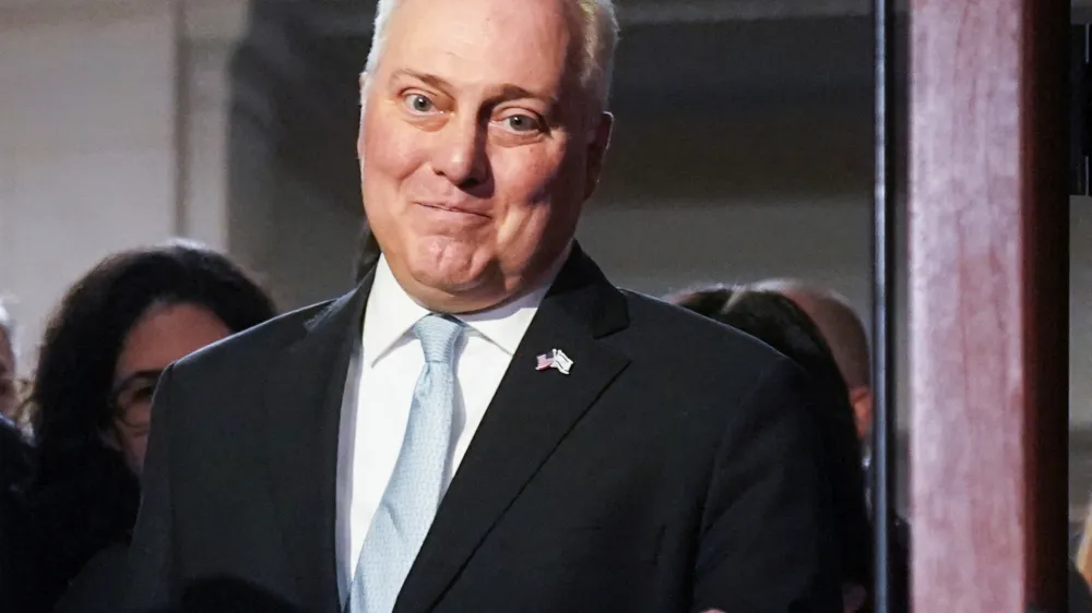 House Majority Leader Steve Scalise (R-LA) is pursued by reporters after he won a majority of votes in the House Republican caucus to become their nominee for next Speaker of the House during a Republican meeting held behind closed doors in the Longworth House office building on Capitol Hill in Washington, U.S., October 11, 2023. REUTERS/Kevin Lamarque