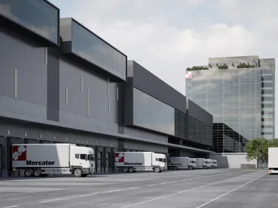 Zagato na področju logistike bi lahko Mercator v veliki meri re&scaron;il, če bi mu uspel prevzem celjskega Engrotu&scaron;a. Vizualizacija prikazuje, kako naj bi bil videti novi logistični center Mercatorja.&nbsp;