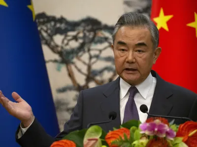 Chinese Foreign Minister Wang Yi and EU foreign policy chief Josep Borrell, not pictured, speak during a press conference following the EU-China High-Level Strategic Dialogue, in Beijing, China, Friday Oct. 13, 2023. (Andres Martinez Casares/Pool via AP)