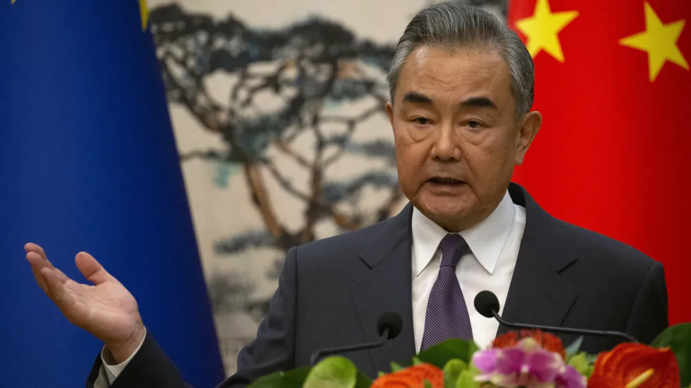 Chinese Foreign Minister Wang Yi and EU foreign policy chief Josep Borrell, not pictured, speak during a press conference following the EU-China High-Level Strategic Dialogue, in Beijing, China, Friday Oct. 13, 2023. (Andres Martinez Casares/Pool via AP)