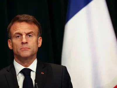French President Emmanuel Macron attends a press conference in Tirana, Albania, October 17, 2023. REUTERS/Florion Goga 
