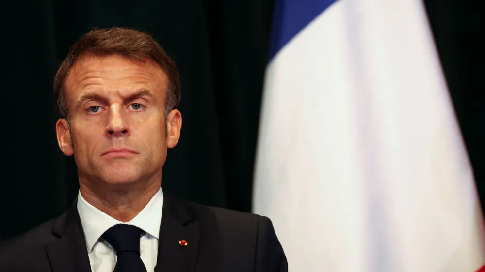 French President Emmanuel Macron attends a press conference in Tirana, Albania, October 17, 2023. REUTERS/Florion Goga 