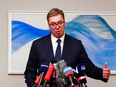 Serbia's President, Aleksandar Vucic speaks during a press conference as he attends the Brdo-Brijuni Process in Skopje, North Macedonia September 11, 2023. REUTERS/Ognen Teofilovski