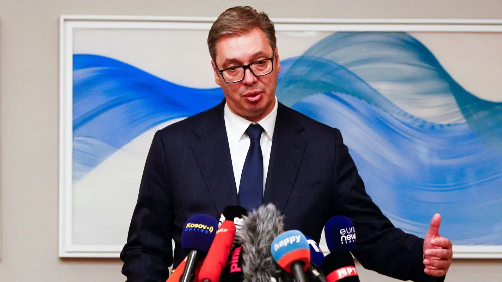 Serbia's President, Aleksandar Vucic speaks during a press conference as he attends the Brdo-Brijuni Process in Skopje, North Macedonia September 11, 2023. REUTERS/Ognen Teofilovski