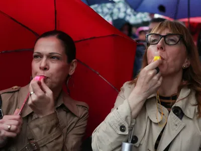 Women use whistles during a protest "Serbia against violence" in reaction to the two mass shootings in the same week, that have shaken the country, in Belgrade, Serbia, May 27, 2023. REUTERS/Marko Djurica