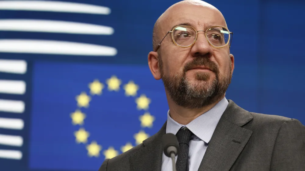 European Council President Charles Michel speaks during a media conference at an EU summit in Brussels, Friday, Oct. 27, 2023. European Union leaders concluded a second day of meetings on Friday in which they discussed, among other issues, migration. (AP Photo/Omar Havana)