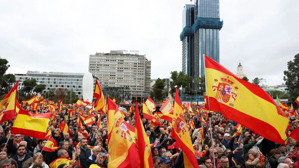 Demonstrators attend a protest against plans by acting Spanish Prime Minister Pedro Sanchez to grant an amnesty to Catalan separatists in exchange for their support to form Spain's next government, in Madrid, Spain, October 29, 2023. REUTERS/Isabel Infantes