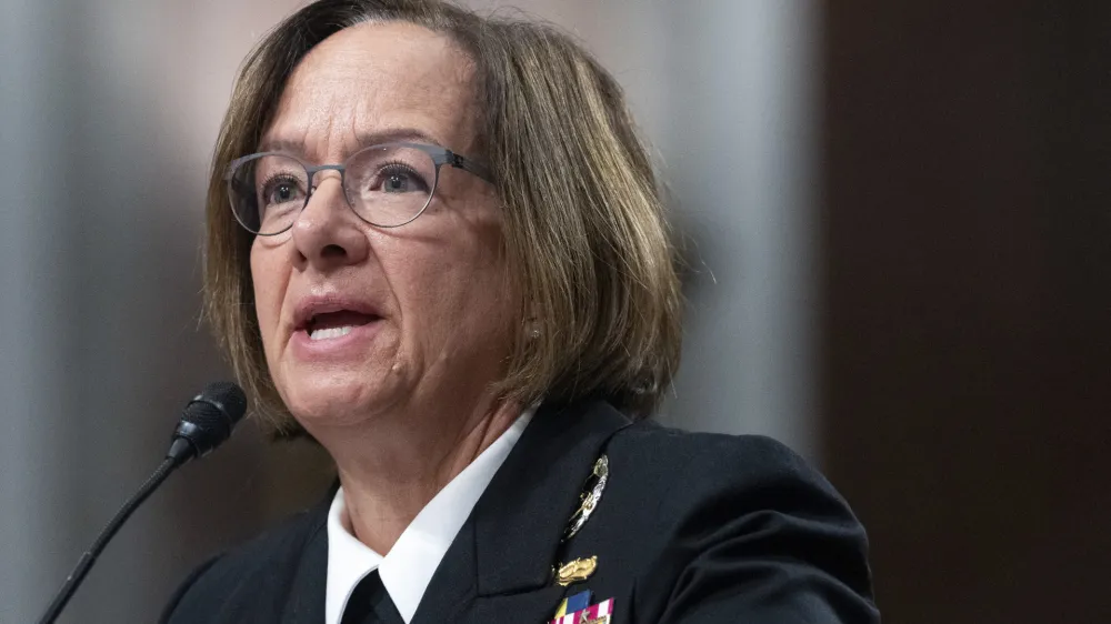 FILE - Navy Adm. Lisa Franchetti speaks during a Senate Armed Services Committee hearing on her nomination for reappointment to the grade of admiral and to be Chief of Naval Operations, Sept. 14, 2023, on Capitol Hill in Washington. The Senate circumvented a hold by Alabama Sen. Tommy Tuberville on Thursday and confirmed Franchetti to lead the Navy, making her the first woman to be a Pentagon service chief and the first female member of the Joint Chiefs of Staff. (AP Photo/Jacquelyn Martin, File)