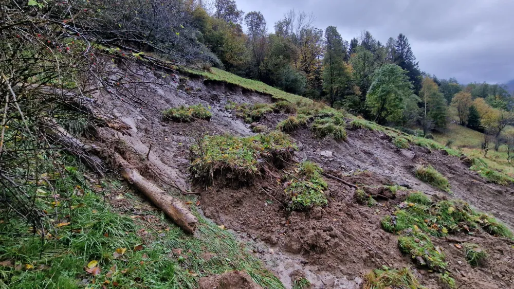 Kobarid.<br>V vasi Kosec v obcini Kobarid se je sprozil zemeljski plaz.<br>Foto: CZ Obcine Kobarid