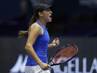 Tennis - Billie Jean King Cup Finals - Estadio de La Cartuja, Seville, Spain - November 7, 2023 Slovenia's Kaja Juvan reacts during her match against Australia's Ajla Tomljanovic REUTERS/Marcelo Del Pozo